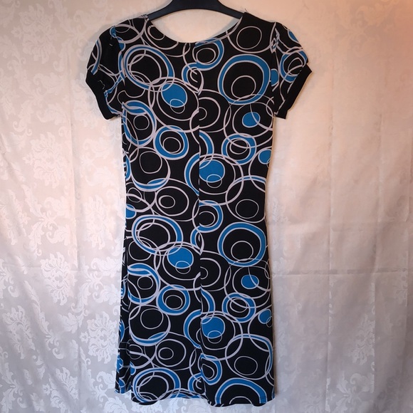 Square neckline empire waist Y2K 00s black dress with blue & white circle print - Picture 4 of 6